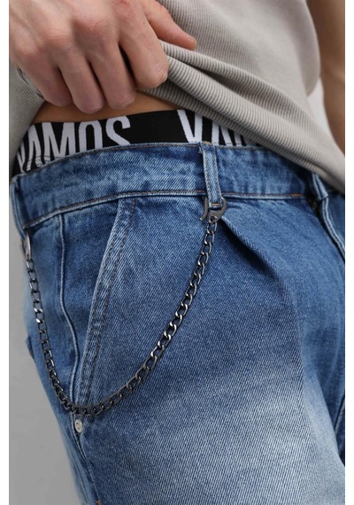 Vamos Pileli Zincir Detaylı Baggy Jean Mavi