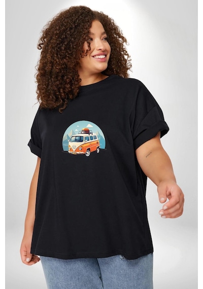 Angemiel Wolkswagen Karavan Kış Gezisi Siyah Büyük Beden Erkek Kadın Unisex Basic Ön Baskılı Tişört Siyah