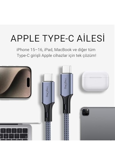 100w 5a E-mark Çipli Pd Type-c To Type-c Hızlı Şarj Ve Data Kablosu 1.2 Metre