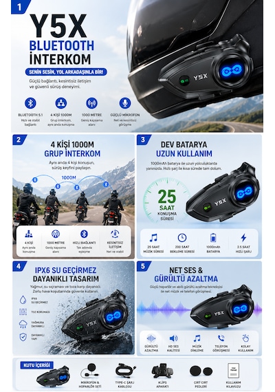 Y5x Bluetooth Kask Kulaklığı 1000 Metre İnterkom 4 Kişi Grup Konuşma Müzik Paylaşımı Mikrofonlu Motosiklet Kulaklığı