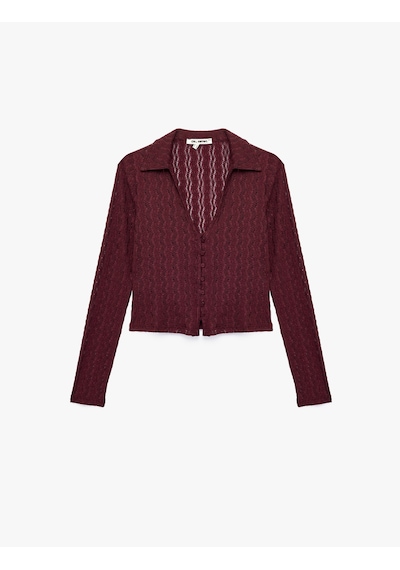 Koton Slim Fit Uzun Kollu Düğmeli Polo Yaka Ajurlu Tişört Bordo 7wal10022ık