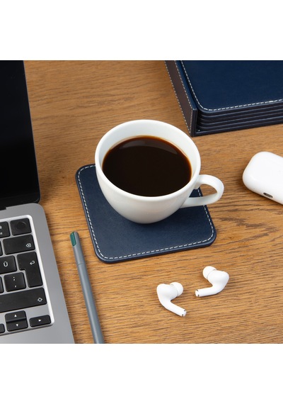 Bardak Altlığı,6 Lı Set,masaüstü Kare Cup Coaster,vegan Suni Deri,11x11 Cm.,lacivert