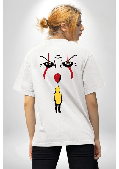 Pennywise Vs Georgie Korku Filmi Beyaz Oversize Unisex Ön Ve Sırt Baskılı Tişört Beyaz
