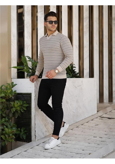 Vizon Erkek Slim Fit Polo Yaka Patlı Triko Kazak-trz19132r03s Vizon