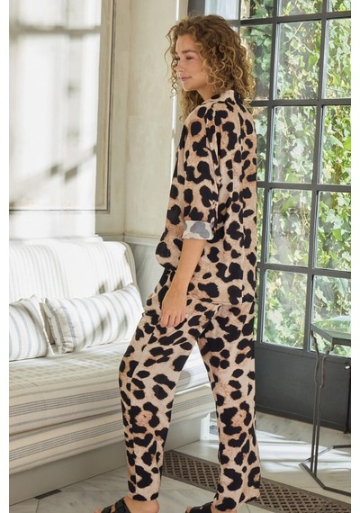 Gizzey Kadın Uzun Kol Önden Düğmeli Leopar Pijama Takım C7t0n112 001