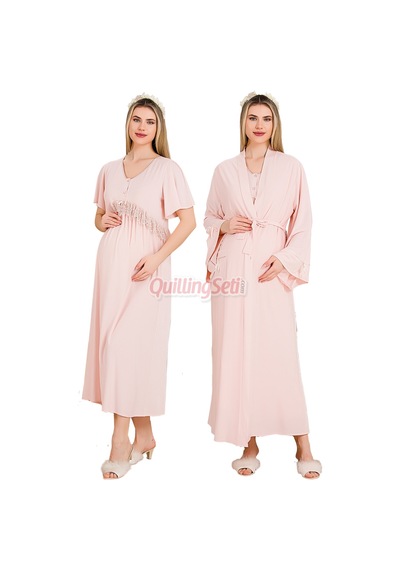Lady Pembe Renkli, Dantel Detaylı, Derin Patlı, 33500 Sabahlıklı 2li Lohusa Hamile Gecelik Takımı Açık Pembe