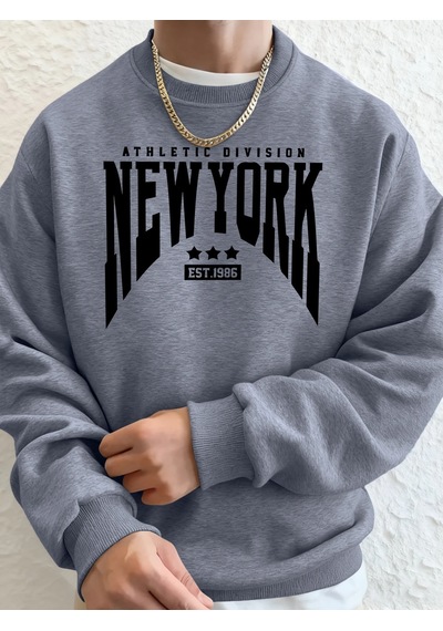 Startmore Tarzsokak Athletic Division New York Est 1986 Baskı Erkekler Sonbahar Modası Kapüşonlu Üst Uzun Kollu T Gri