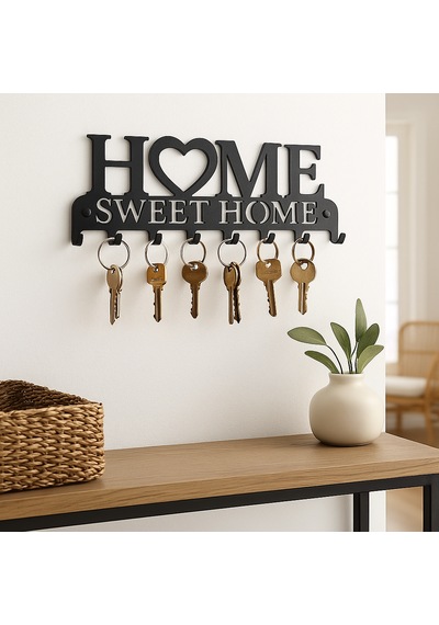 Lunoart Dekoratif Metal Anahtarlık Askılığı Giriş İçin Home Sweet Home Tasarımı Siyah