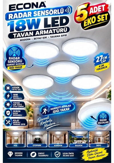 5 Adet Radar Sensörlü Modern Sıva Üstü Tavan Armatürü 18w Ledli - Yüksek Lümen,27cm Akıllı Aydınlatma,aydınlatma Glop Armatürü Led Avize Aplik Balkon Banyo Koridor Lambası Led Beyaz