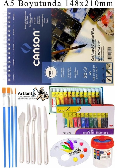 Canson Çok Amaçlı Sanatsal Blok A5 200 Gr 20 Yaprak 1 Adet Fanart 12 Renk Yağlı Boya Fırça Palet Spatula Fırça Temizleme