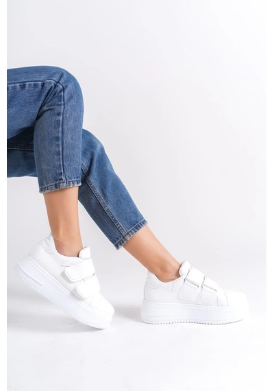 Mevese Vera Çift Cırtlı Kadın Günlük Sneaker Kalın Taban Rahat Ayakkabı - Beyaz