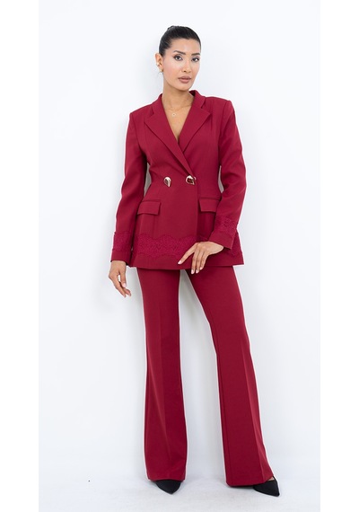 Dorne Moda Kadın Dantel Detaylı Gold Düğmeli Blazer Ceket Pantolon İkili Takım Bordo