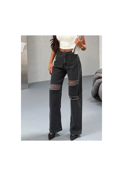 Kene Jeans Çift Diz Lazer Yırtık Füme Bol Paça Jeans Füme