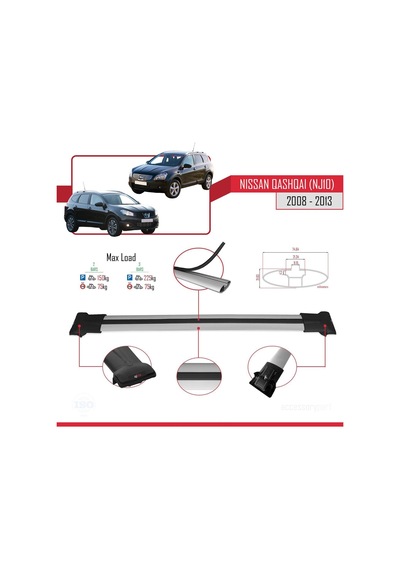 Nissan Qashqai +2 2008-2013 Arası İle Uyumlu Fly Model Ara Atkı Tavan Barı Gri