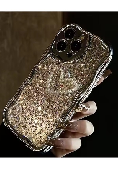Caş Dekorasyon Gri Renk Simli Kalpli 13 Pro Max Telefon Kılıfı Gri