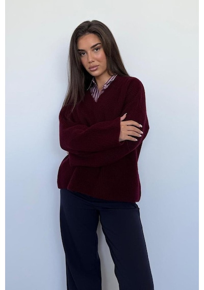 Madmext Bordo V Yaka Triko Kadın Kazak Mg2501 Bordo