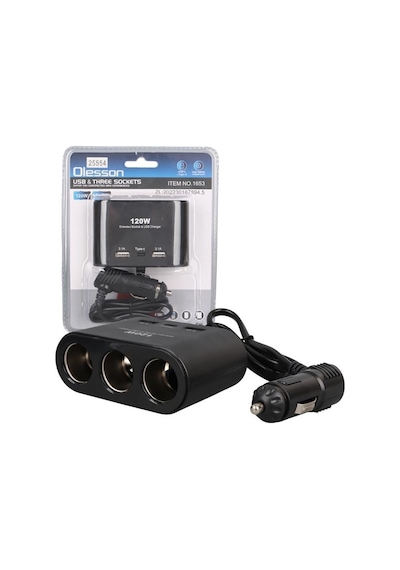 Olesson 1653 12-24v Çift Usb + Type-c Girişli 100w 70cm Kablolu 3'lü Araç Çakmak Çoklayıcı