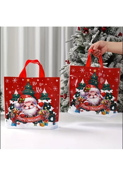 1 Adet Şenlikli Noel Baba Noel Ağacı Hediye Çanta Kırmızı Plastik Kırmızı