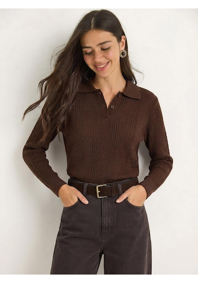 Shade Kadın Polo Yaka Patlı Regular Fit Triko Kazak 20258063 - Kahverengi