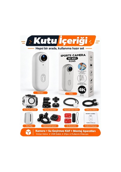 4k Wifi Mini Aksiyon Kamerası H.265 Manyetik Yaka Kamerası 360 Döner Klipsli Taşınabilir Spor Vlog Kamerası Beyaz
