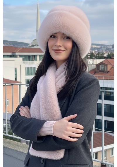 Mollycrush Peluş Bucket Kalpak Atkı Eldiven 3'lü Set Kadın Kışlık Suni Kürk Pembe 3'lü Takım Pembe