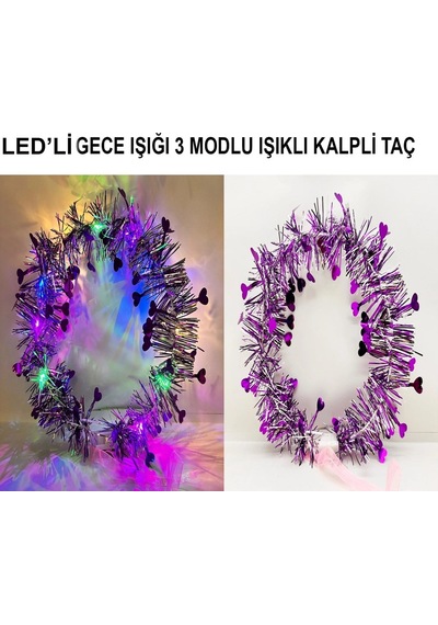 Mey İthalat Kalp Püsküllü Gece Parıltısı 3 Modlu Led Li Işıklı Taç Mor Renk 64591842
