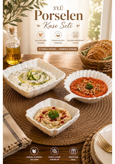 Porsima 3'lü Beyaz Porselen Kase Seti 3 Farklı Model Salata, Meze Ve Tatlı Sunum Kasesi 15 Cm - 16 Cm