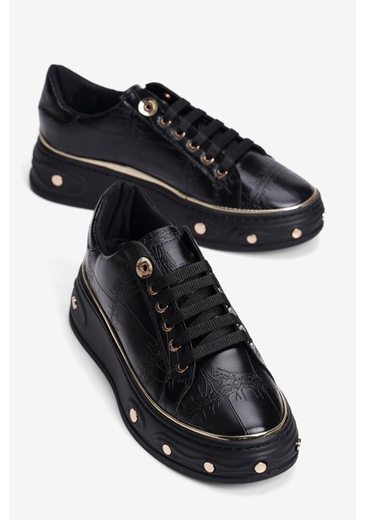 Mubiano Kadın Kroko Desenli Sneaker Kalın Tabanlı Bağcıklı Gold Detaylı Vika Siyah Siyah Krokodil Mubiano Kadın Kroko Desenli Sneaker Kalın Tabanlı Bağcıklı Gold Detaylı Vika Siyah Siyah Krokodil