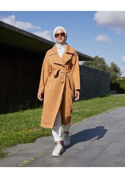 Vioshine Kadın Kruveza Yaka Kuşaklı Kot Trençkot-camel Camel