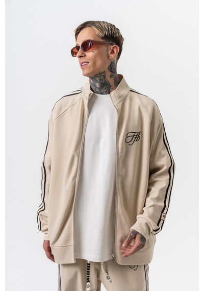 Respire Erkek 3'lü Şerit Detaylı Dik Yaka Doubleface Zip Oversize Sweatshirt Bej