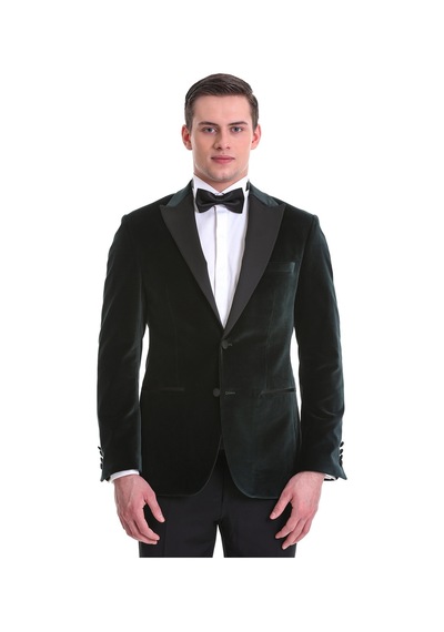 Hatemoğlu Yeşil Slim Fit Düz Sivri Yaka Kadife Klasik Smokin Damatlık 3312 Yeşil
