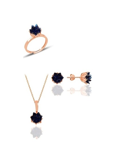 Gümüş Lotus Çiçeği Modeli Safir Renkli Taşlı Üçlü Set