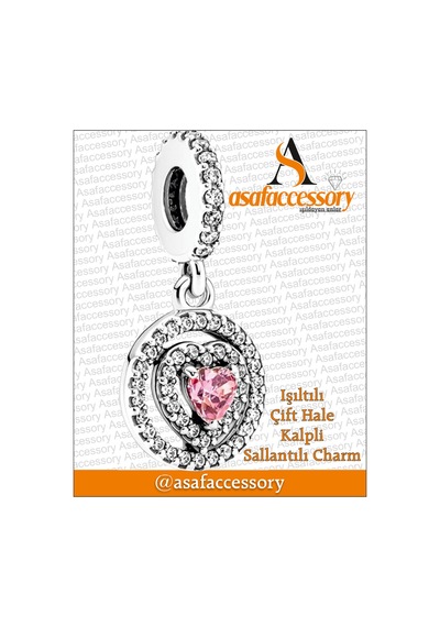Işıltılı Çift Katlı Hale Kalpli Sallantılı Charm Gümüş