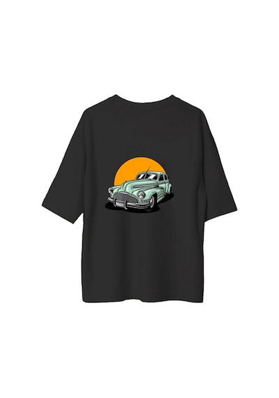 Paybuy Erkek Oversize Tişört Vintage Otomotiv Baskısı Retro Araba Desenl Siyah