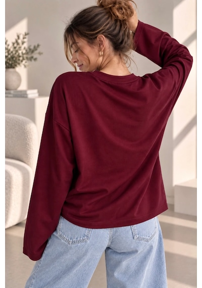 Bb Butik Basic Kadın Modal Oversize Bisiklet Yaka Sweatshirt Zg3535 Bordo