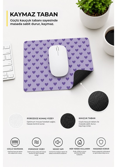 Mor Renkli Kalpli Desenli Ergonomik Mouse Pad, Kaymaz Yüzey İle Ev Ve Ofis Kullanımı İçin İdeal