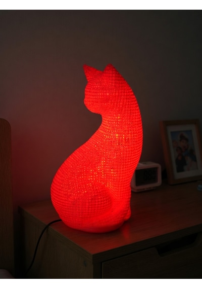 Dekoratif Kedi Figürlü Gece Lambası 3d Yazıcı Baskı Hediyelik Masa Lambası Aydınlatma 23cm Kırmızı