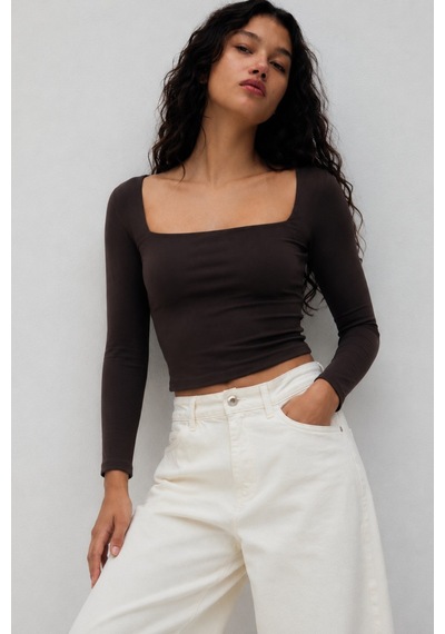 Seeh Kahverengi Kare Yaka Uzun Kollu Kadın Body Sh206