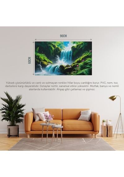Doğa Ve Manzara Yatay Canlı Şelale Yemyeşil Bitki Örtüsü, Su Sıçramaları, Kayalar Parlak Mavi Gökyüzü 07 Çerçevesiz 90x60cm Pvc Tablo