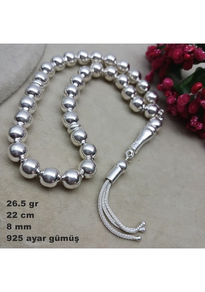 925 Ayar Gümüş Tesbih Yuvarlak Kesim Düz Model Büyük Boy