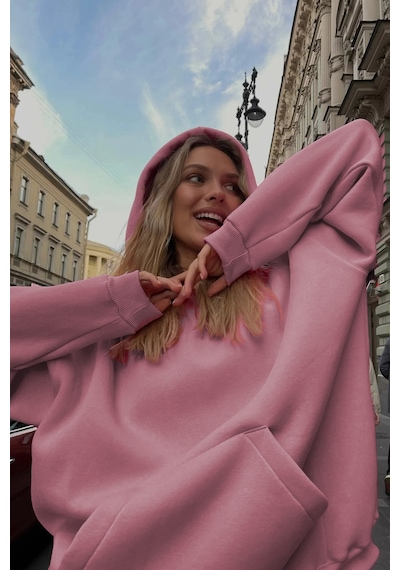 Madmext Pembe Kapüşonlu Şardonlu Oversize Sweatshirt Mg1566 Pembe