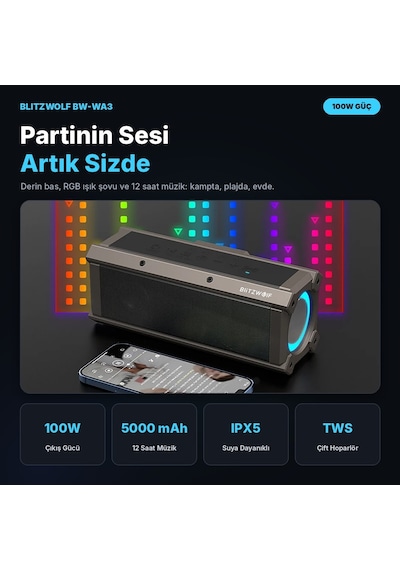 BlitzWolf BW-WA3 100W RGB Bluetooth Hoparlör