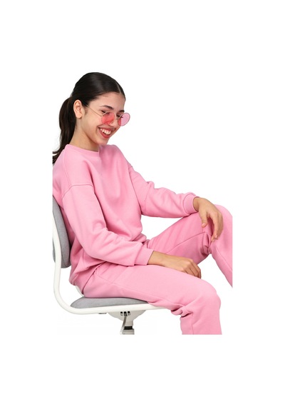 Erdem Kıds Kız Çocuk Paçası Lastikli 3 İplik Şardonlu İçi Pamuklu Basic Bisiklet Yaka Eşofman Takımı Pembe Pembe