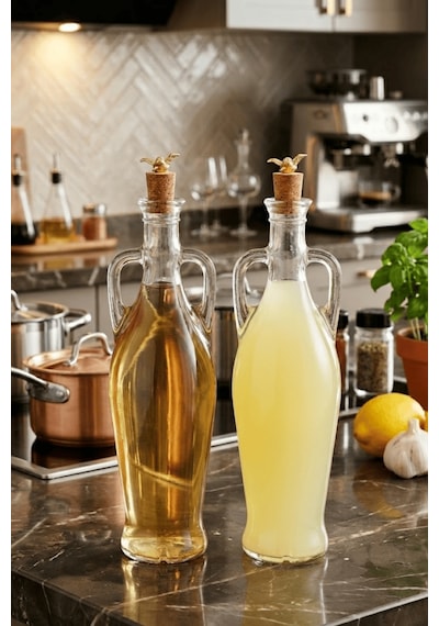 2'li Amfora Model Kuş Mantar Tıpalı Cam Yağ Şişesi - 750ml. Şeffaf Sirke Limon Suyu Şişesi - Kuş Figür Şeffaf
