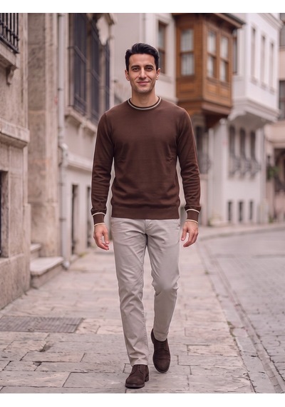 Maccali Erkek Koyu Kahve Kontrast Şeritli Bisiklet Yaka Triko Sweatshirt