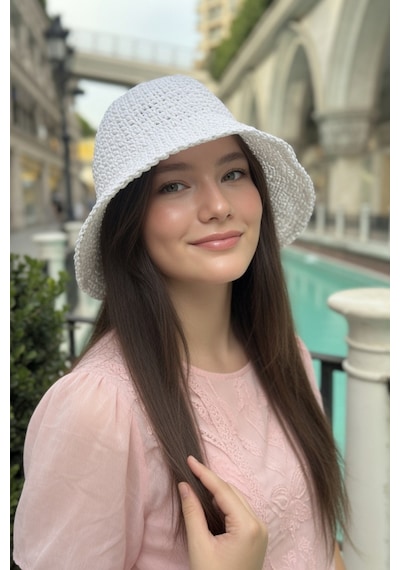 Mollycrush Kadın Beyaz Yazlık Örgü Bucket Şapka Güneş Koruyucu Trend Kova Model Beyaz