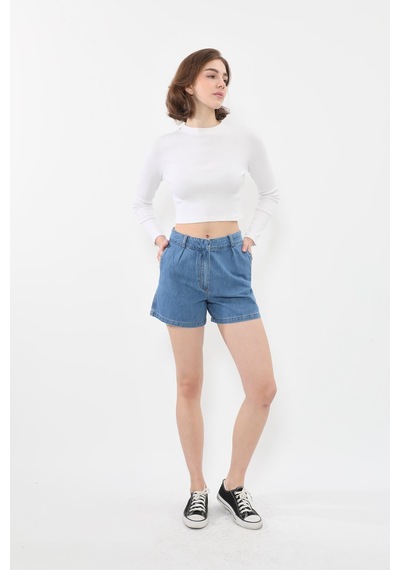 Banny Jeans Kadın Yüksek Bel Cepli Mavi Jean Şort mavi