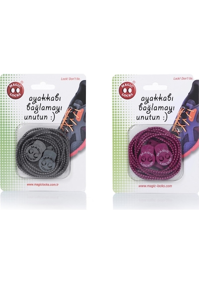 Magic Locks Yuvarlak Akıllı Ayakkabı Bağcık 2'li Set Gri-fuşya