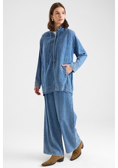 Olcay Fermuar Kapamalı Bağcık Detaylı Soft Denim Ceket Pantolon İkili Takım Mavi 9468-tk