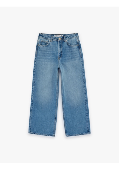 Koton Kısa Geniş Paça Pamuklu Regular Fit Denim Pantolon - Crop Wide Leg Jeans Açık İndigo 6sal40062md Açık İndigo